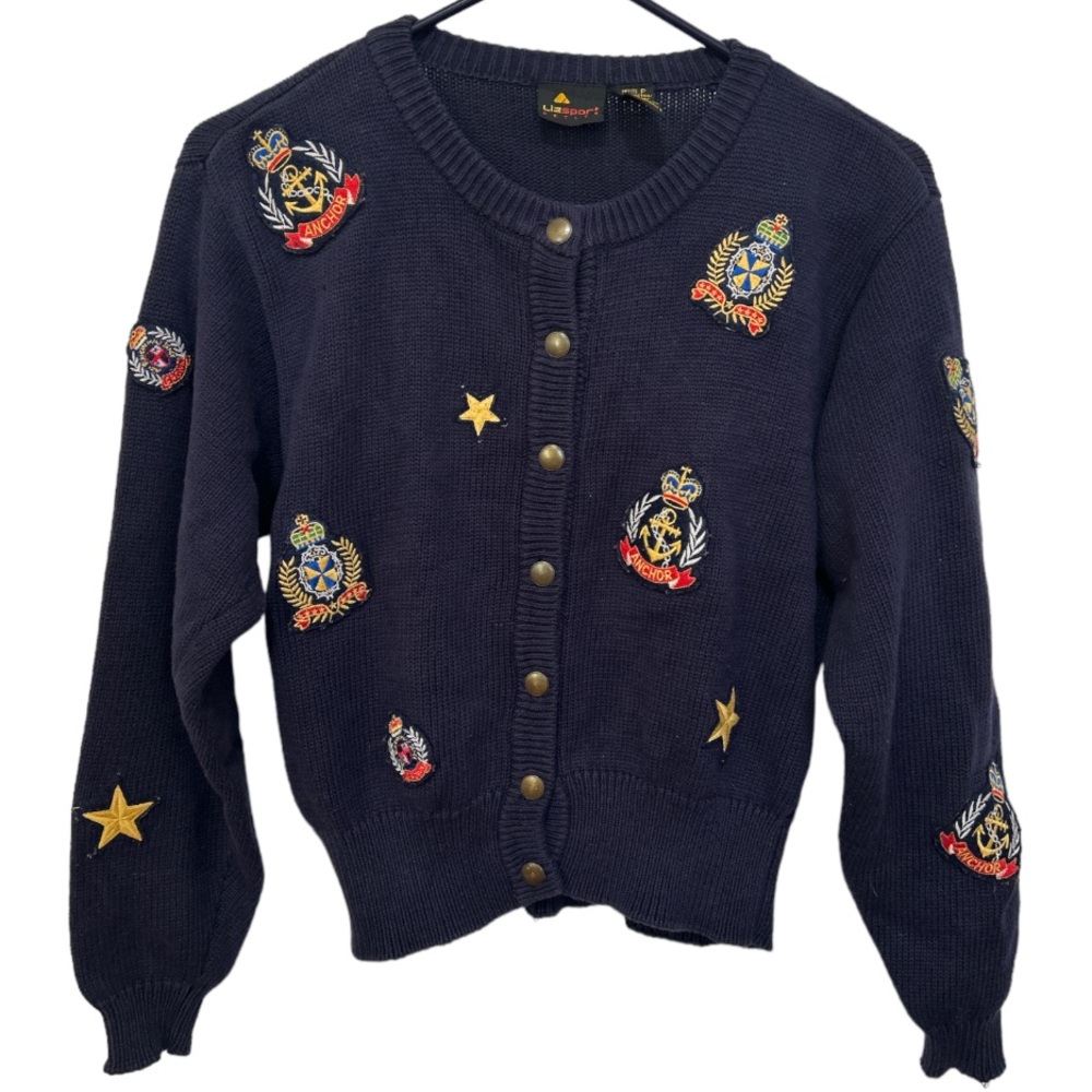 Vintage Lizsport Petite Navy Nautical Cardigan